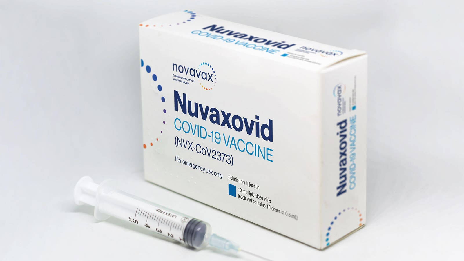 A photo of a box of Nuvaxovid and a syringe
