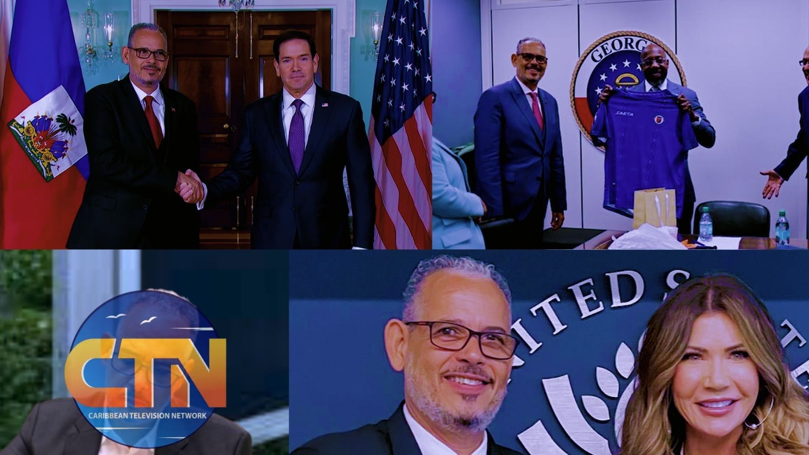 Collage of political meeting: two men shaking hands with flags in the background, and others presenting a jersey beside a government seal; CTN logo visible in the lower left.