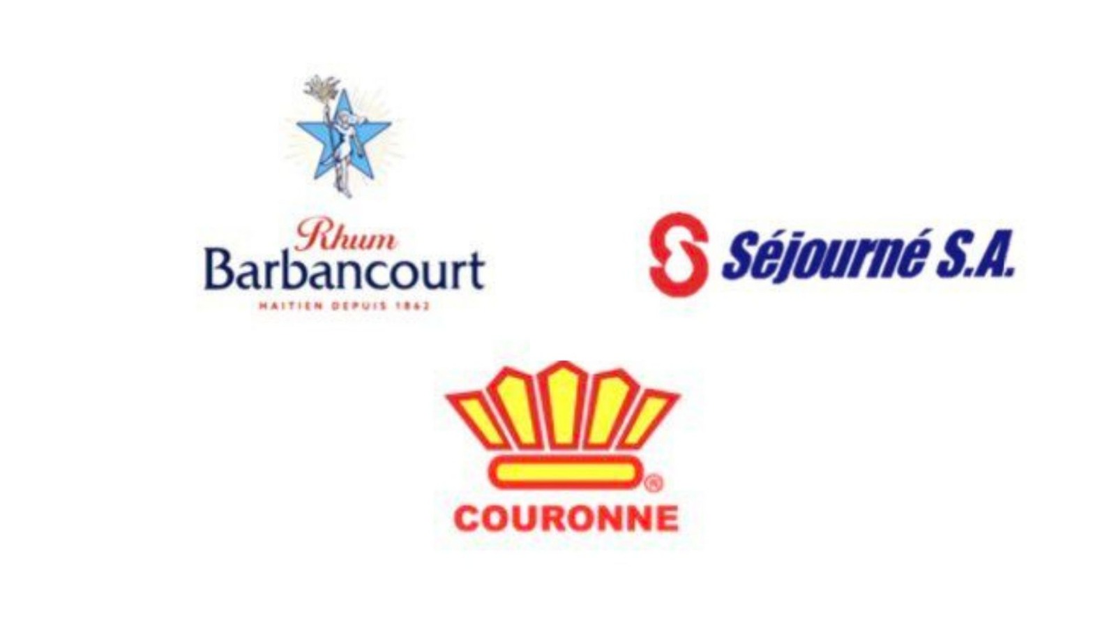Collage of three brand logos: Rhum Barbancourt (Haiti), Séjourné S.A., and Couronne Shell-style logo.