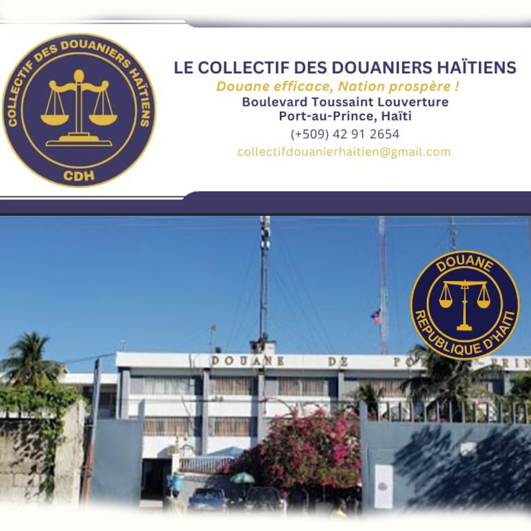 Logo of Le Collectif des Douaniers Haïtiens with the scales of justice emblem, alongside a Port-au-Prince customs building labeled DOUANE.