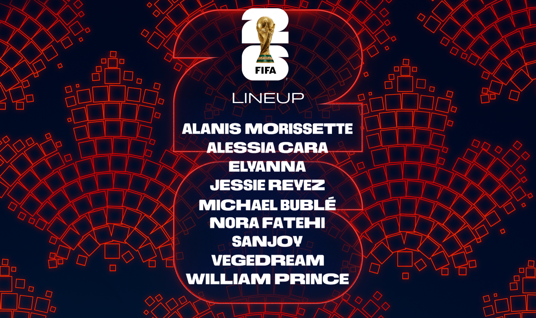 Lineup CAN 16x9 - Caribbean Television Network FIFA 23 lineup graphic listing artists: Alanis Morissette, Alessia Cara, Elyanna, Jessie Reyez, Michael Bublé, Nora Fatehi, Sanjoy, Vegedream, Will.i.am against a red geometric background.