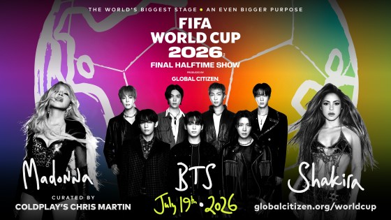 Promotional poster for FIFA World Cup 2026 Final Halftime Show featuring Madonna, BTS, and Shakira with a colorful gradient background and event details.
