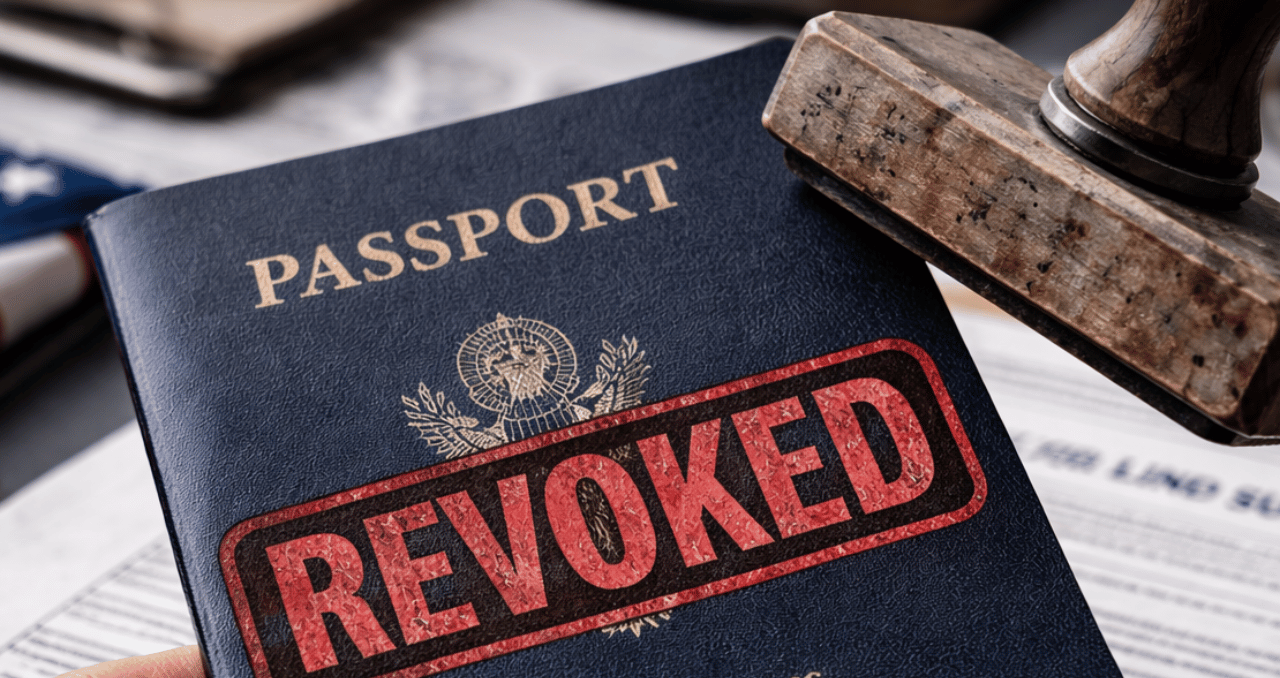 Blue passport with a large red 'REVOKED' stamp across the cover, and a wooden gavel resting on top, implying official revocation or legal action.