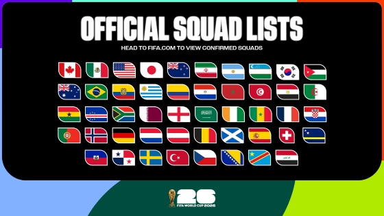 Banner titled Official Squad Lists displaying flags of national teams for FIFA World Cup 2026 on a black background with colorful border accents.