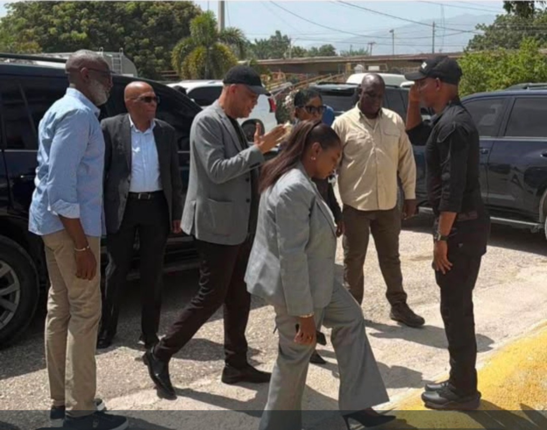 Group of professionally dressed people in a parking lot, a woman in a gray suit steps forward while others watch.