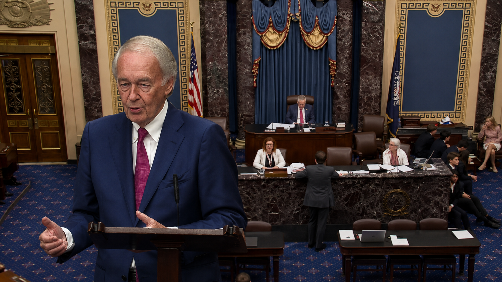 Senior man in a blue suit speaks at a podium in a grand senate chamber, with colleagues at desks and blue drapery behind.