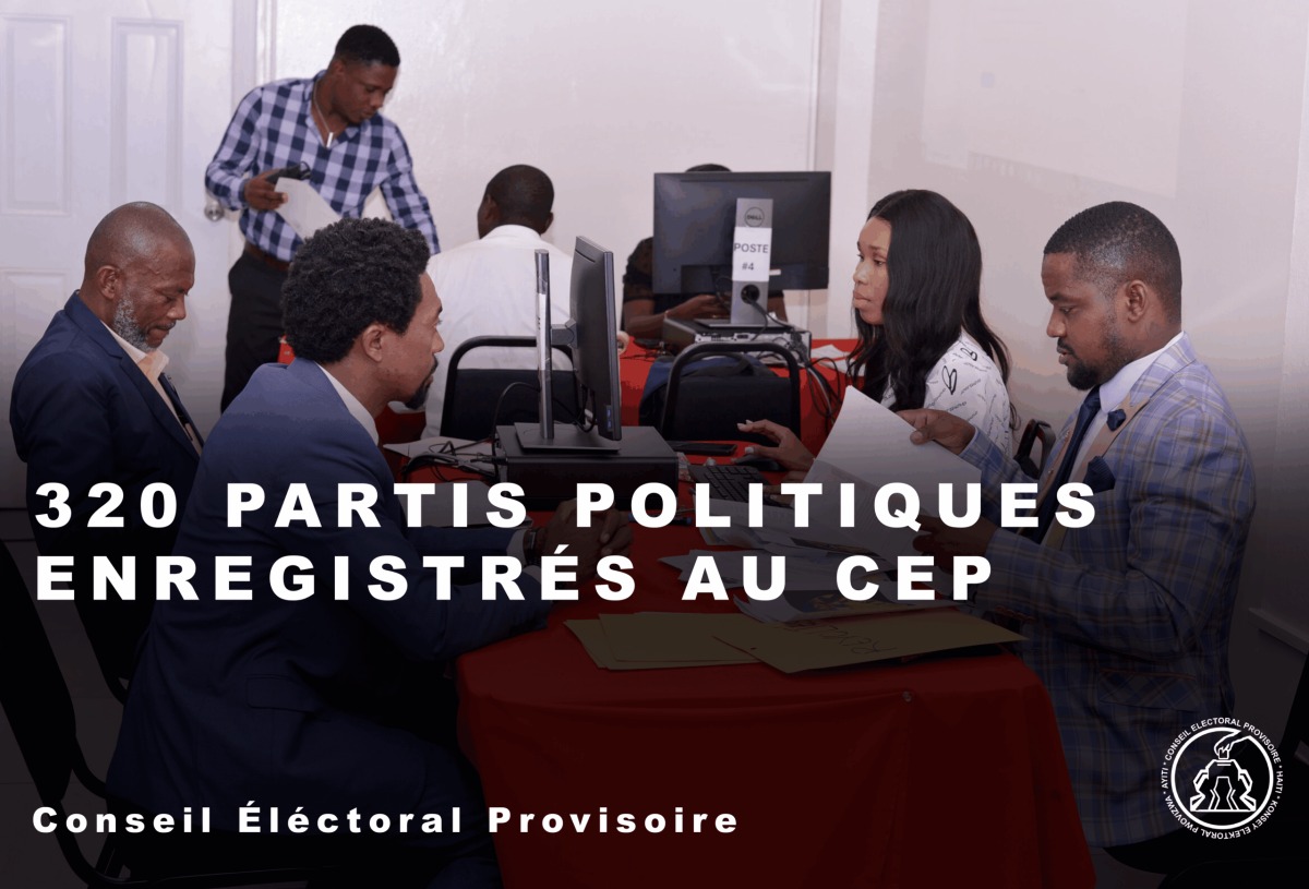 Group of people in a registration office around computers; bold text states 320 political parties registered with CEP, with an official seal in the corner.