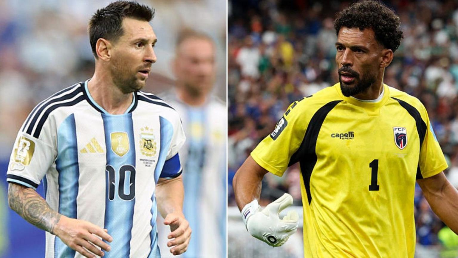 messi-vozhina - Caribbean Television Network Side-by-side images of Lionel Messi in Argentina's light-blue and white striped jersey (number 10) on the left, and a male goalkeeper in a yellow kit with number 1 and gloves on the right in a stadium crowd.