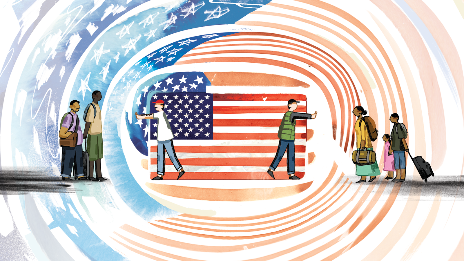 Diverse travelers with suitcases await, framed by a large swirl of the American flag, symbolizing immigration to the United States.