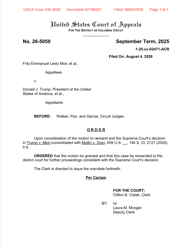 Court Decision - Caribbean Television Network Front page of a US Court of Appeals order showing case No. 26-5050, September Term 2025, caption Miot et al. v. Trump et al.
