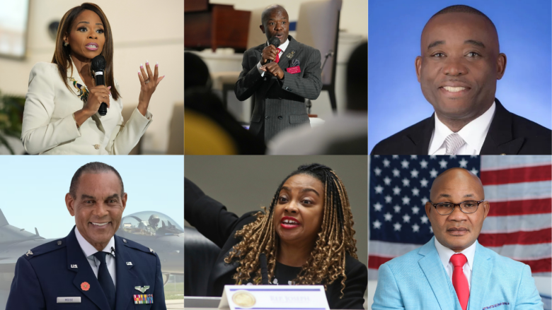 Collage of six diverse professionals, some speaking into microphones and others posing for photos in formal settings.