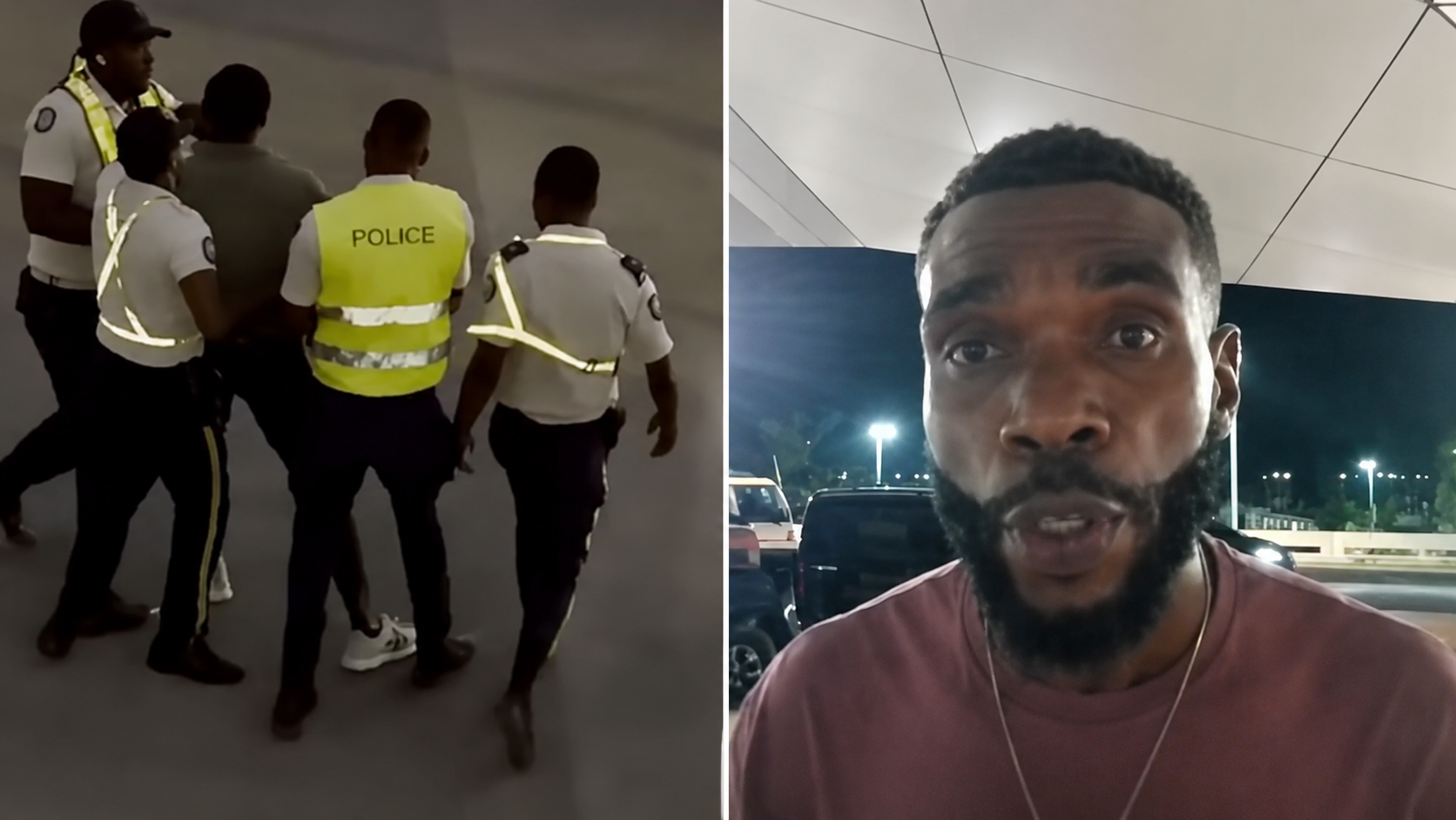 Group of police officers in white shirts and bright vests escorting a man on an airport tarmac or secure area.
